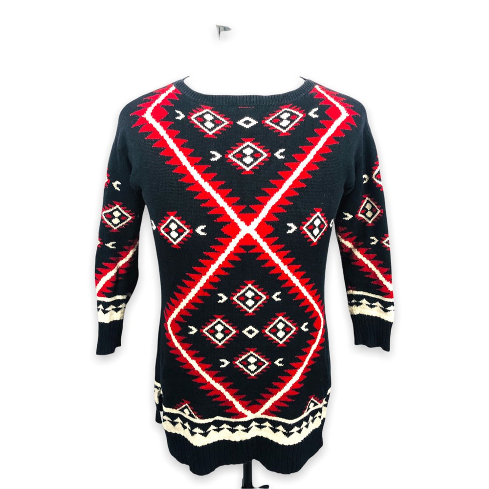 LRL Ralph Lauren Sweater Aztec‎ Womens Petites PS Small Black Red Pullover